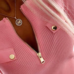 Crewneck Half Zipper Flap Detail Knit Sweater Long Sleeve Slim Fit Ribbed Pullover Top