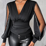 Women's Deep V Neck Ruched Top Mesh Lantern Sleeve Blouse Rhinestone Decor Slim Fit Pullover