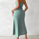 Sleeveless Ruched Cinched Waist Draped Bandeau Dress Eyelet Embroidery Slit Asymmetrical Hem Vacation Dress