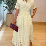 Women's Sheer Plaid Maxi Dress Short Sleeve Double Layer Swing Vacation Dress Elegant Flowy A Line Dress with Belt