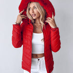Zipper Pocket Design Shirred Fuzzy Trim Fleece Lined Hooded Puffer Jacket