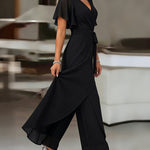 Women's Overlap V Neck Jumpsuit Butterfly Sleeve Wide Leg Romper Tied Waist Shirred Back Split Leg Overalls