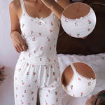 Women's Ditsy Floral Print 2 Piece Pajamas Set Lace Cami Top and Pants Casual Loungewear Bowknot Sleepwear