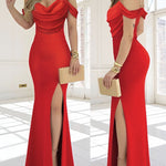 Cold Shoulder Pearls Strap Cowl Neck Evening Bodycon Dress Elegant High Slit Fishtail Maxi Dress