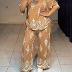 Women's Vintage Print 2 Piece Outfits V Neck Drawstring Ruched Top and Wide Leg Pants Set Casual Loose Loungewear