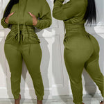 2 Pieces Outfit Drop Shoulder Kangaroo Pocket Stretchy Hem Crop Drawstring Hoodie Sweatshirt And Drawstring Elastic Waist Jogger Sweatpants Casual Tracksuit