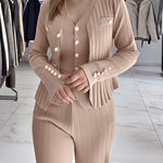 3 Pcs Outfits V Neck Long Sleeve Knit Coat with Metal Button Detail Tank Top Casual Long Pants Knit Sets