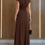 Women's Boat Neck Ruched Maxi Dress Gold Buckle Cap Sleeve Formal Evening Gown