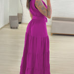Turn-down Collar Sleeveless Button Front Dress Casual Belted Slit Ruched Maxi Dress