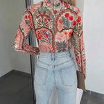Women's Vintage Floral Rhinestone Mesh Top Slim Fit Long Sleeve Tee with Thumb Holes
