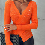 Rhinestone Decor Overlap V Neck Long Sleeve Knit Sweater Asymmetrical Hem Slim Fit Textured Pullover Top