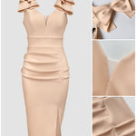 Bowknot Decor Deep V-Neck Sleeveless Slit Party Dress Ruched Zipper Back Slim Fit Midi Dress