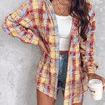 Colorblock Plaid Print Hooded Distressed Button Front Coat Shacket