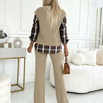 Vintage Plaid Print Spliced Turn-down Collar Long Sleeve Faux Two-Piece Top and Elastic Waist Pants Set Casual Ribbed Brushed Commuting Set