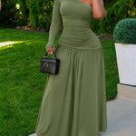 Women's One Shoulder Long Sleeve Ruched Maxi Dress with Thumb Hole