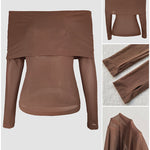 Foldover Off Shoulder Long Sleeve Mesh Top with Thumb Hole Cuffs