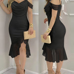 Women's Off Shoulder Mesh Dress Pearls Decor Strap Ruched Bodycon Dress Ruffle Hem Slit Evening Party Dress