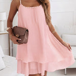 Women's Pearls Embellished Straps Mini Dress Backless Pleated Dress Casual Double Layer Lettuce Trim Cami Sun Dress