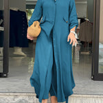 2 Pieces Outfit Turn-down Collar Turn-Up Sleeves Button Front Asymmetrical Hem Longline Blouse and Casual Elastic Waist Wide Leg Pants Set