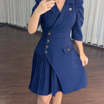 Women's Notch Lapel Blazer Dress Puff Sleeve Side Button Asymmetrical Pleated Hem A Line Work Dress