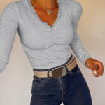 Women's Lace V Neck Ruched T Shirt Slim Fit Long Sleeve Tee Casual Elegant Top
