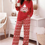 Women's Two Piece Pajamas Set Christmas Tree Slogan Print Top and Fair Isle Print Pants Casual Lounge Set