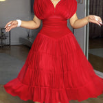 Women's Deep V-Neck Backless High Waist Ruched Ruffle Midi Dress