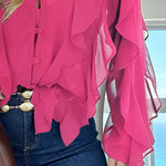 V Neck Shoulder Ruffles Design Blouse Casual Button Front Long Sleeve Top
