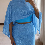 Women's 3 Piece Sequin Set Asymmetrical Poncho Top and High Waist Bodycon Skirt with Crop Cami Top