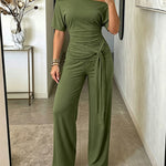 Women's Skew Neck 2 Piece Outfits Ruched Tie Waist Short Sleeve Top and High Waisted Wide Leg Pants Lounge Set