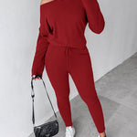 2 Pieces Outfit Long Sleeve Skew Neck Pullover Top and Drawstring Elastic Waist Slim Fit Pants Set