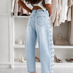 Women's Barrel Jeans High Waisted Side Button Denim Pants Distressed Washed Baggy Trousers Retro Y2K Streetwear