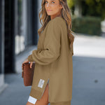 Letter Patch Detail Long Sleeve Drop Shoulder Pullover Sweatshirt Casual Zipper Side Slit Top