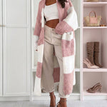 Women's Checkerboard Knit Cardigan Oversized Long Chunky Sweater Loose Lantern Sleeve Coat with Pockets