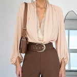 Women's Deep V Neck Lantern Long Sleeve Blouse Wrap Ruched Lace Spliced Loose Faux Two-Piece Chiffon Top