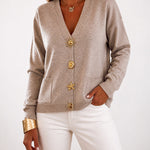 Women's Gold Button Knit Cardigan V Neck Sweater with Pockets