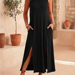 Women's Sleeveless Ribbed Knit Maxi Dress Loose A-Line Slit Tank Dress Casual Lounge Long Dress with Pockets