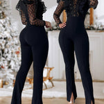 Women's Sequin Grid Mesh Eyelash Lace Patchwork Puff Long Sleeve Split Hem Flare Jumpsuit