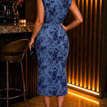 Women's Sleeveless Floral Flock Mesh Twist Side Midi Dress with Shoulder Pads
