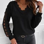 Women's Lace Patchwork V-Neck Top Hollow Out Drop Shoulder Long Sleeve Knit Pullover Elegant Loose Fit Casual Tee