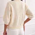 Women's Boucle Knit Cardigan Gold Beaded Puff Sleeve Sweater Crewneck Button Up Elegant Crop Outerwear