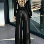 Women's 2 Piece Knit Lounge Set Long Sleeve Tie Waist Top and High Waisted Wide Leg Pants Casual Soft Sweatsuit with Pockets