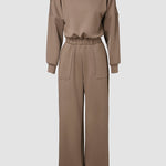 Off Shoulder V Back Elastic Waist Pockets Design Jumpsuit Casual Drop Shoulder Cinched Waist Wide Leg Jumpsuit