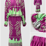 2 Pieces Outfit Skew Neck Lantern Sleeve Loose Fit Top and High Waist Elastic Waist Fishtail Maxi Skirt Set Casual Tropical Print Vacation Set