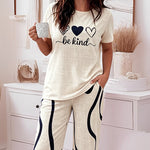 Women's 2 Piece Pajama Set Heart & Letter Top and High Waisted Abstract Print Pants Casual Loungewear with Pockets