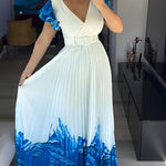 Abstract Placement Print Overlap Deep V-Neck Ruffles Sleeve Pleated Maxi Dress Elegant Zipper Back Cinched Waist Vacation Dress with Belt