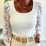 Women's Ribbed Knit Top Square Neck Lace Long Sleeve Shirt Slim Fit Elegant Pullover Top