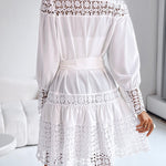 Guipure Lace Spliced Turn-down Collar Long Sleeve Button Front Shirt Dress Casual Tie Waist Ruffle Hem Dress