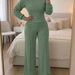 2 Pieces Outfit O-neck Long Sleeve Cinched Waist Sweatshirt and Elastic Waist Wide Leg Pants Set Casual Seam Design Sweatpants Set