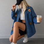 Women's Rhinestone Denim Shacket Vintage Badge Embroidered Button Down Long Sleeve Washed Jean Jacket